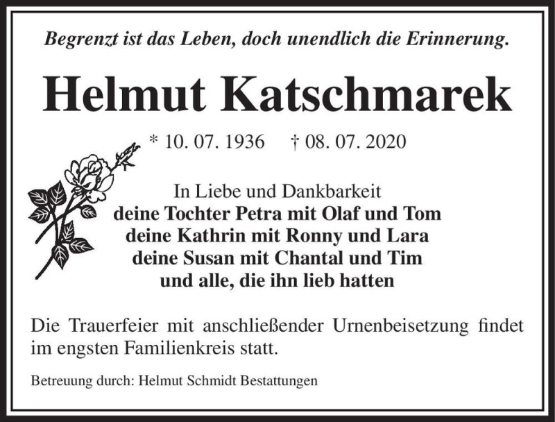  Traueranzeige für Helmut Katschmarek  vom 25.07.2020 aus Magdeburger Volksstimme