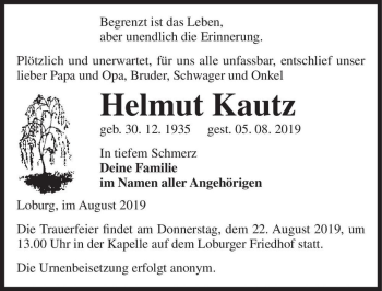 Traueranzeige von Helmut Kautz  von Magdeburger Volksstimme