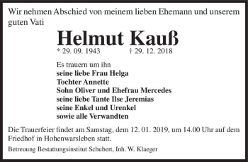 Traueranzeige von Helmut Kauß  von Magdeburger Volksstimme