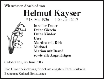 Traueranzeige von Helmut Kayser  von Magdeburger Volksstimme