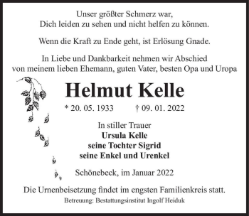 Traueranzeige von Helmut Kelle  von Magdeburger Volksstimme