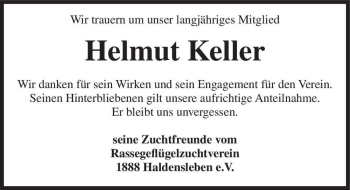 Traueranzeige von Helmut Keller  von Magdeburger Volksstimme