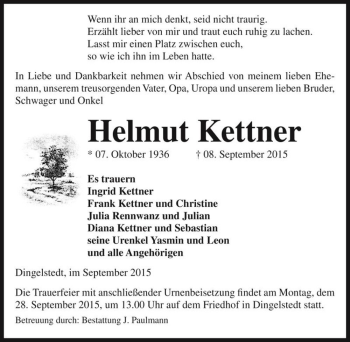 Traueranzeige von Helmut Kettner  von Magdeburger Volksstimme