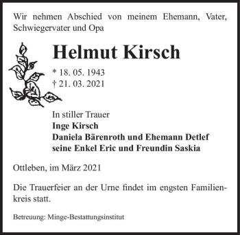 Traueranzeige von Helmut Kirsch  von Magdeburger Volksstimme