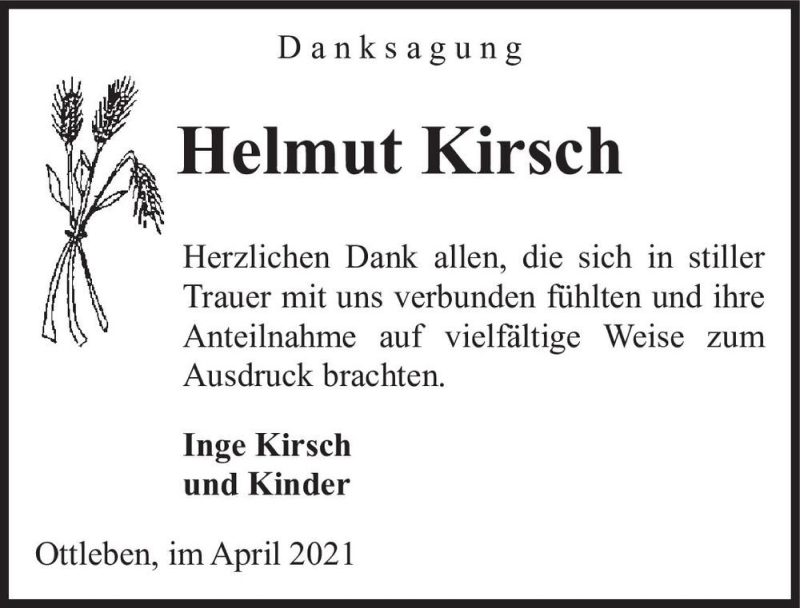  Traueranzeige für Helmut Kirsch  vom 24.04.2021 aus Magdeburger Volksstimme