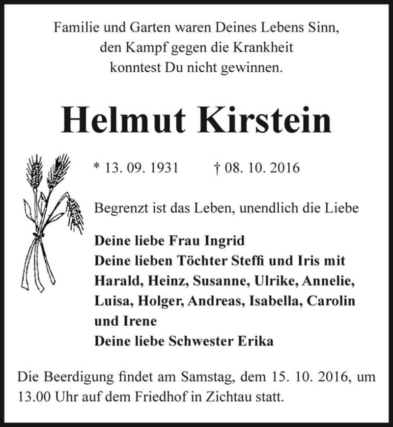  Traueranzeige für Helmut Kirstein  vom 11.10.2016 aus Magdeburger Volksstimme