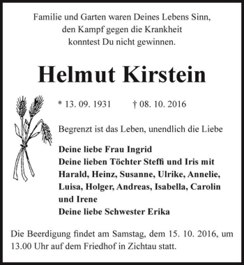 Traueranzeige von Helmut Kirstein  von Magdeburger Volksstimme