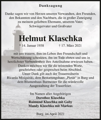Traueranzeige von Helmut Klaschka  von Magdeburger Volksstimme