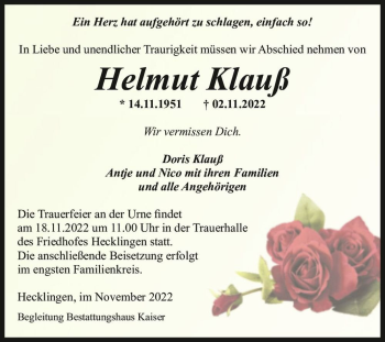 Traueranzeige von Helmut Klauß  von Magdeburger Volksstimme