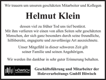 Traueranzeige von Helmut Klein  von Magdeburger Volksstimme