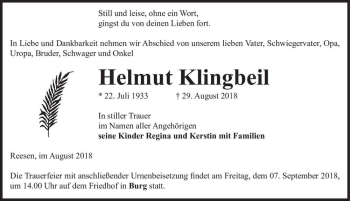 Traueranzeige von Helmut Klingbeil  von Magdeburger Volksstimme