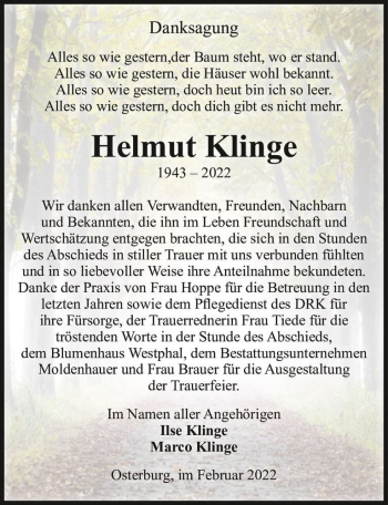 Traueranzeige von Helmut Klinge  von Magdeburger Volksstimme
