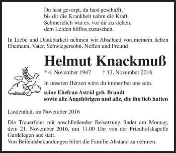 Traueranzeige von Helmut Knackmuß  von Magdeburger Volksstimme