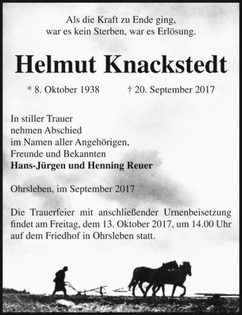 Traueranzeige von Helmut Knackstedt  von Magdeburger Volksstimme