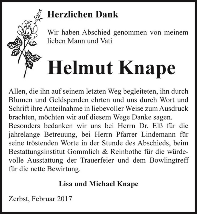  Traueranzeige für Helmut Knape  vom 25.02.2017 aus Magdeburger Volksstimme