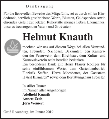 Traueranzeige von Helmut Knauth  von Magdeburger Volksstimme
