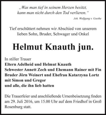 Traueranzeige von Helmut Knauth jun.  von Magdeburger Volksstimme