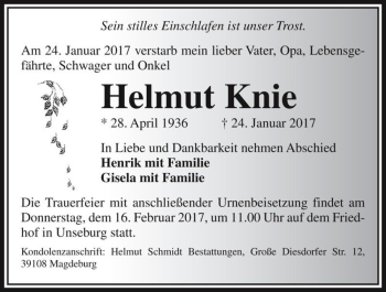 Traueranzeige von Helmut Knie  von Magdeburger Volksstimme