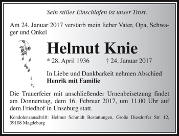 Traueranzeige von Helmut Knie  von Magdeburger Volksstimme