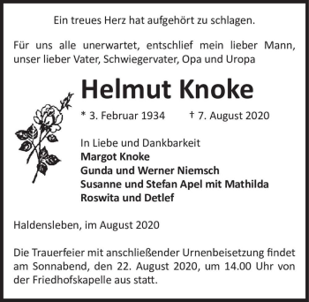 Traueranzeige von Helmut Knoke  von Magdeburger Volksstimme