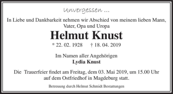 Traueranzeige von Helmut Knust  von Magdeburger Volksstimme