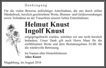 Traueranzeige von Helmut Knust und Ingolf Knust  von Magdeburger Volksstimme