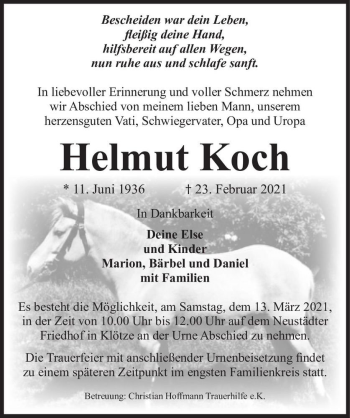 Traueranzeige von Helmut Koch  von Magdeburger Volksstimme