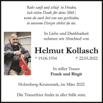 Traueranzeige von Helmut Kollasch  von Magdeburger Volksstimme