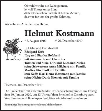 Traueranzeige von Helmut Kostmann  von Magdeburger Volksstimme