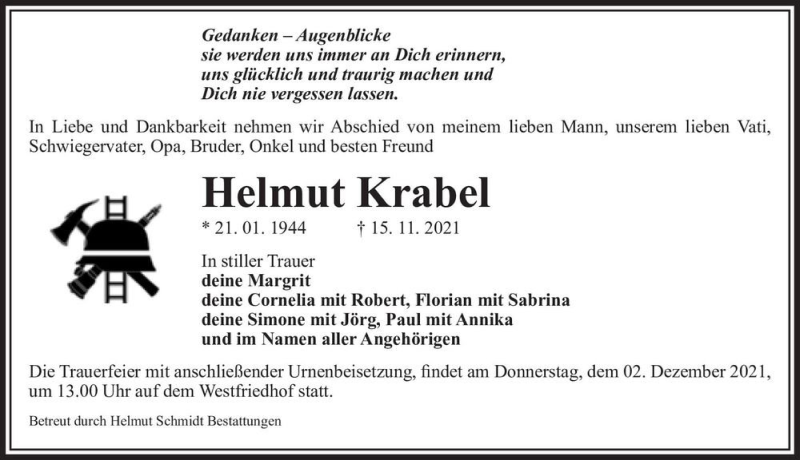  Traueranzeige für Helmut Krabel  vom 20.11.2021 aus Magdeburger Volksstimme