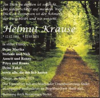 Traueranzeige von Helmut Krause  von Magdeburger Volksstimme