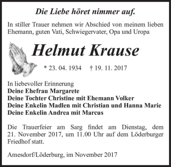 Traueranzeige von Helmut Krause  von Magdeburger Volksstimme