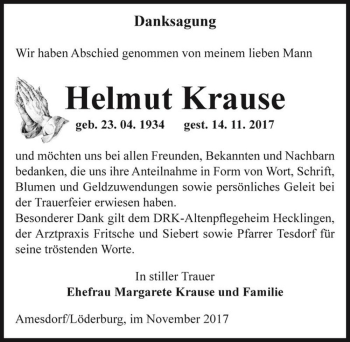 Traueranzeige von Helmut Krause  von Magdeburger Volksstimme