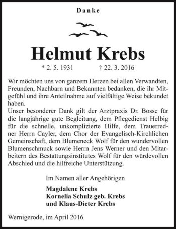 Traueranzeige von Helmut Krebs  von Magdeburger Volksstimme