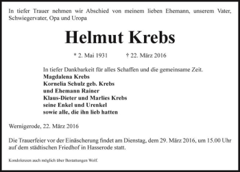 Traueranzeige von Helmut Krebs  von Magdeburger Volksstimme