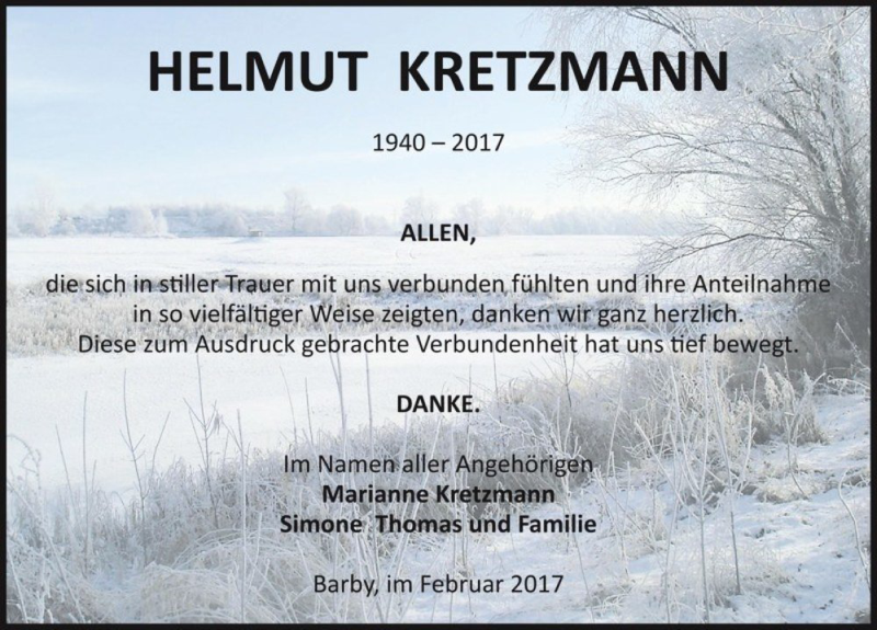  Traueranzeige für Helmut Kretzmann  vom 11.02.2017 aus Magdeburger Volksstimme