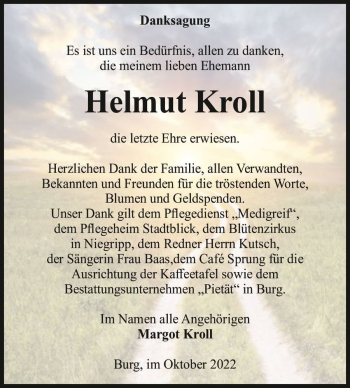 Traueranzeige von Helmut Kroll  von Magdeburger Volksstimme