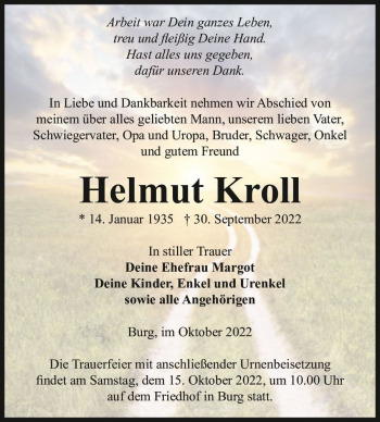 Traueranzeige von Helmut Kroll  von Magdeburger Volksstimme