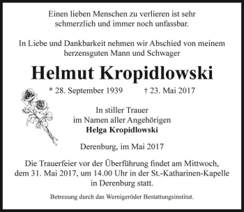 Traueranzeige von Helmut Kropidlowski  von Magdeburger Volksstimme