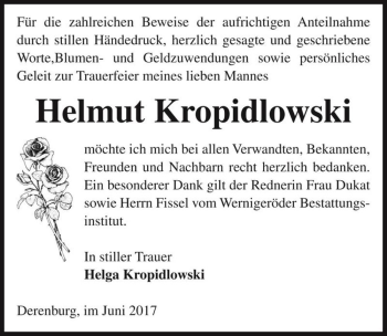 Traueranzeige von Helmut Kropidlowski  von Magdeburger Volksstimme