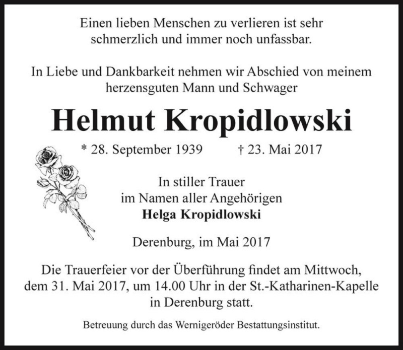  Traueranzeige für Helmut Kropidlowski  vom 29.05.2017 aus Magdeburger Volksstimme