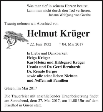 Traueranzeige von Helmut Krüger  von Magdeburger Volksstimme