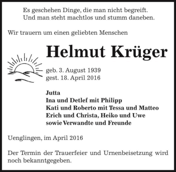 Traueranzeige von Helmut Krüger  von Magdeburger Volksstimme