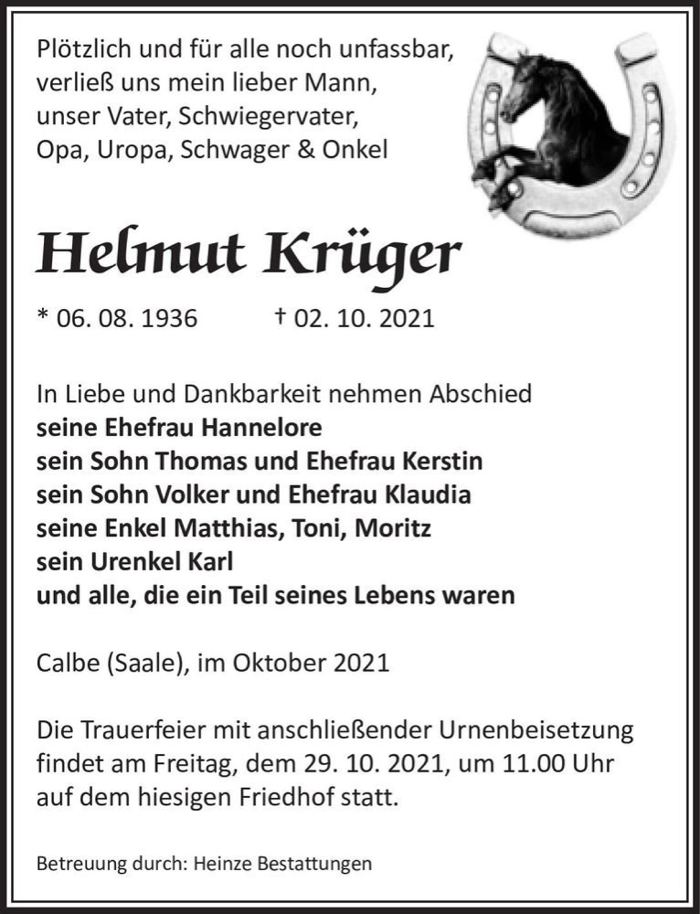  Traueranzeige für Helmut Krüger  vom 09.10.2021 aus Magdeburger Volksstimme