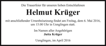 Traueranzeige von Helmut Krüger  von Magdeburger Volksstimme