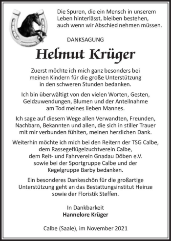 Traueranzeige von Helmut Krüger  von Magdeburger Volksstimme