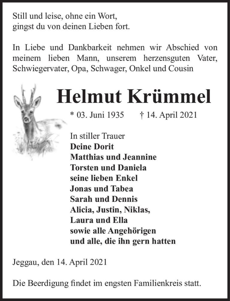  Traueranzeige für Helmut Krümmel  vom 16.04.2021 aus Magdeburger Volksstimme