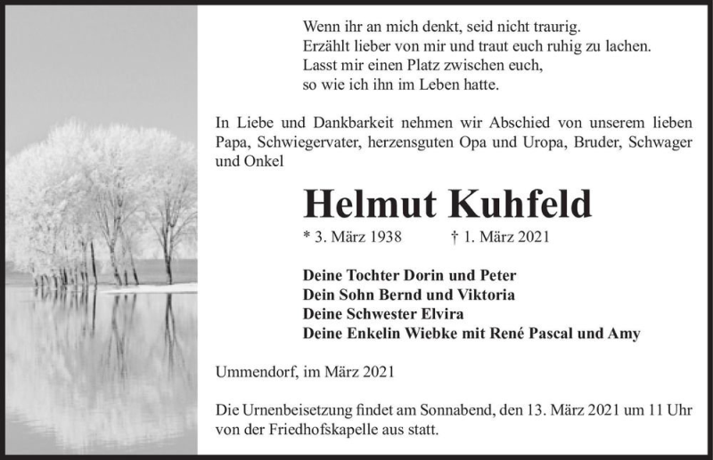  Traueranzeige für Helmut Kuhfeld  vom 06.03.2021 aus Magdeburger Volksstimme