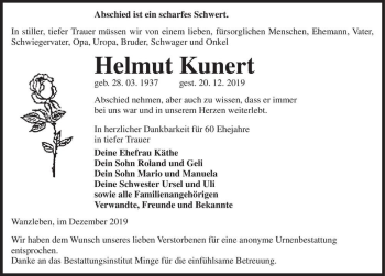 Traueranzeige von Helmut Kunert  von Magdeburger Volksstimme
