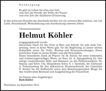 Traueranzeige von Helmut Köhler  von Magdeburger Volksstimme